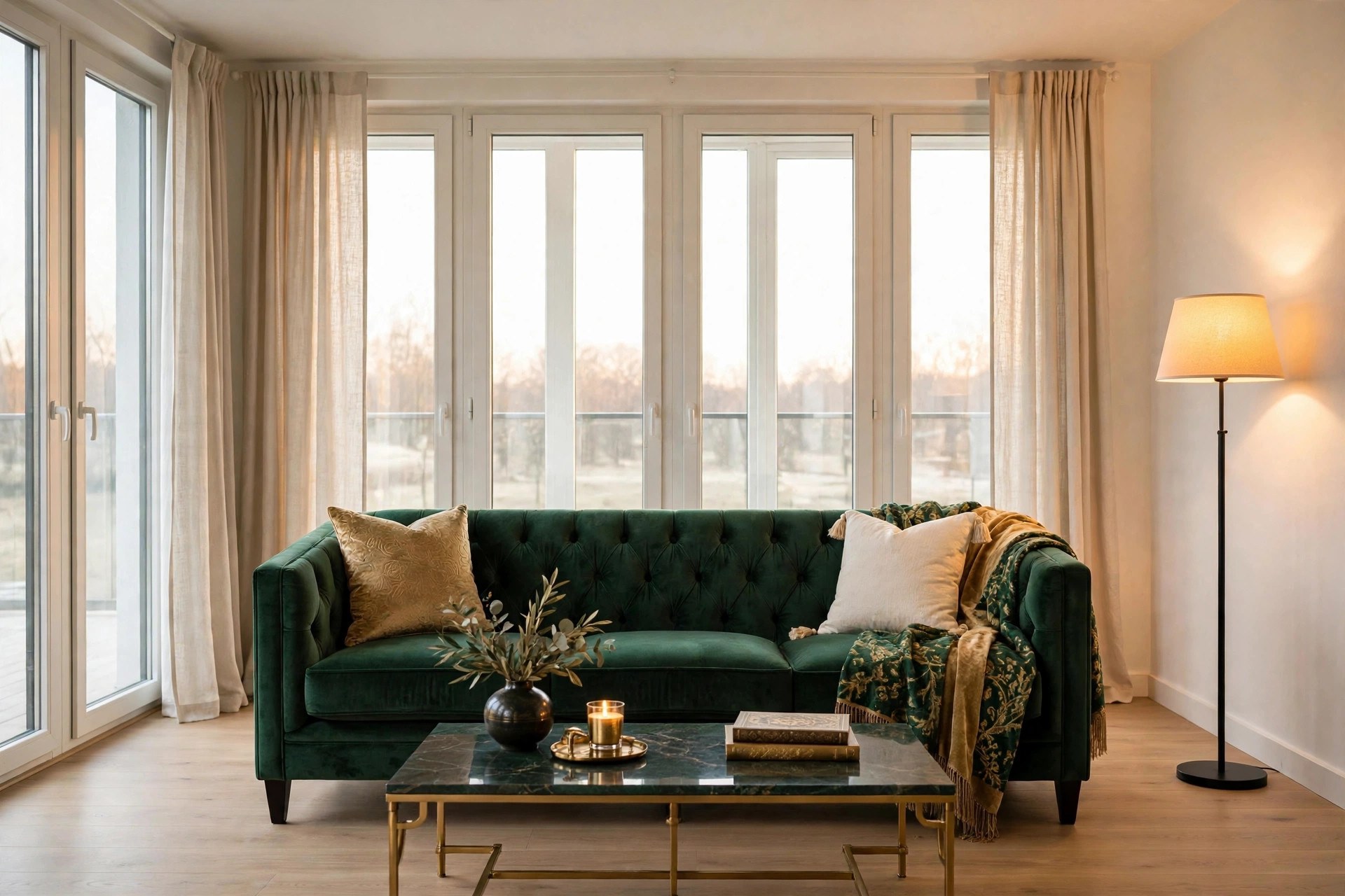 Same living room with stunning emerald velvet sofa from R.K Furniture