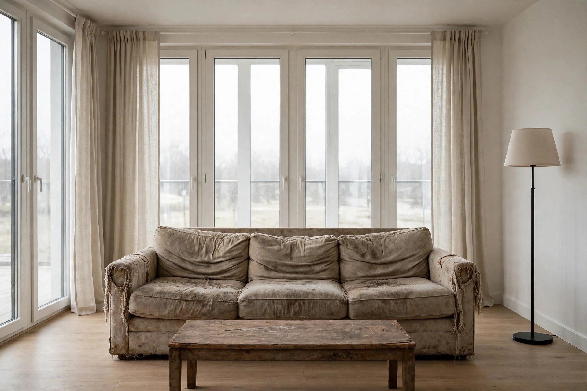 Same living room with old worn-out sagging sofa
